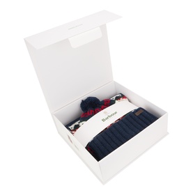 Barbour hat and scarf gift set in navy with floral trim and pom-pom detail, presented in white gift box