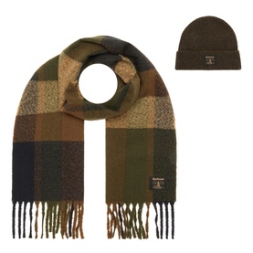 Barbour olive and navy check fringed scarf with matching olive ribbed knit beanie hat, gifting set