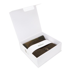 Barbour olive and navy beanie and scarf gift set presented in open white gift box with branded wrap