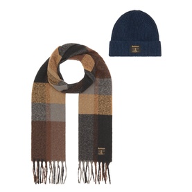 Barbour navy ribbed beanie hat and brown, grey check fringed scarf gift set, 100% acrylic