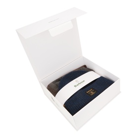 Barbour navy and grey hat and scarf gift set presented in an open white gift box with branded wrap