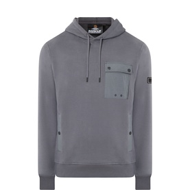 Barbour International grey hoodie with chest utility pocket, drawstring hood, and branded sleeve badge
