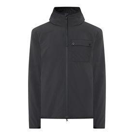 Barbour International Dalliston Logo Jacket in black, hooded zip-up with chest pocket and showerproof polyamide fabric