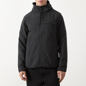 Model wearing Barbour International Dalliston Logo Jacket in black, featuring hood, chest pocket, and zip fastening.