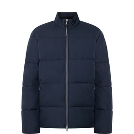 Barbour International navy quilted puffer jacket with funnel neck, zip fastening, and ribbed panel detailing