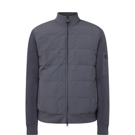 Barbour International grey zip-through sweat jacket with quilted front panel, ribbed sleeves, and stand collar