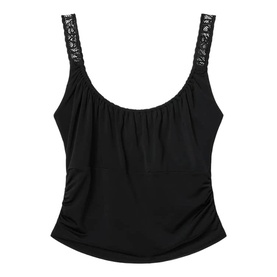 All Saints black sleeveless top with lace shoulder straps, ruched sides, and scoop neckline