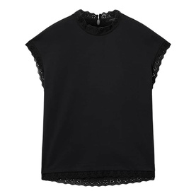 All Saints black sleeveless top with lace trim at collar, cuffs and hem, zip back detail