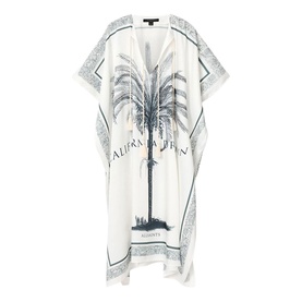 All Saints kaftan in ecru white with palm tree graphic print and paisley border trim, relaxed longline silhouette