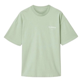 All Saints celadon green crew neck T-shirt with small white logo print to chest, short sleeves, relaxed fit