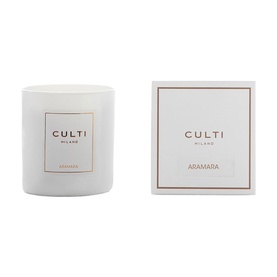 Culti Milano Aramara scented candle in white frosted glass vessel with matching gift box