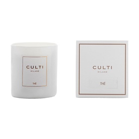 Culti Milano Th&eacute; scented candle in white frosted glass with rose gold branding, shown with matching white gift box