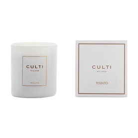 Culti Milano Tessuto scented candle in white glass vessel with matching white gift box, rose gold branding