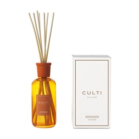 Culti Milano Aramara Diffuser with amber glass bottle, terracotta cap, reed sticks, and white gift box packaging