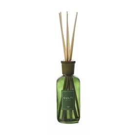 Culti Milano reed diffuser in deep green glass bottle with olive-toned collar and natural reed sticks