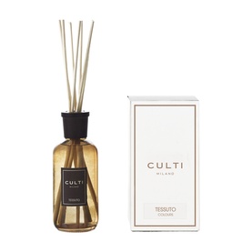 Culti Milano Tessuto reed diffuser in amber glass bottle with black cap and white gift box, shown together