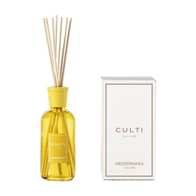 Culti Milano Mediterranea reed diffuser in yellow glass bottle with natural reeds, shown alongside white product box