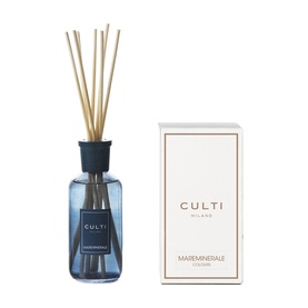 Culti Milano Mareminerale reed diffuser in steel blue glass bottle with natural reeds, shown with branded gift box