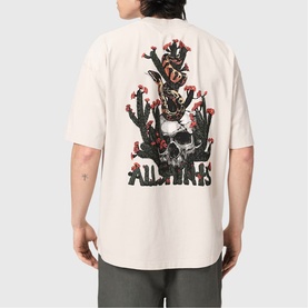 Model wearing All Saints Cacti Oversized Graphic Logo T-Shirt in Dusk White, back view showing snake and cactus screen print with logo