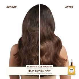 Gisou hair oil before and after split image showing shinier, glossier hair, with scientifically proven 2x shinier hair claim