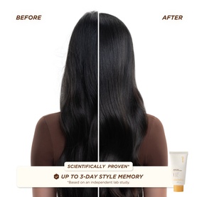 Gisou hair care before and after split image showing straighter, smoother black hair, with product tube visible bottom right
