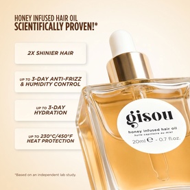 Gisou Honey Infused Hair Oil 20ml dropper bottle with claims including 2x shinier hair and up to 3-day hydration