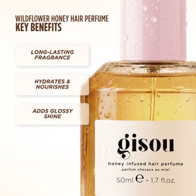Gisou Honey Infused Hair Perfume 50ml bottle with key benefits: long-lasting fragrance, hydrates and nourishes, adds glossy shine.
