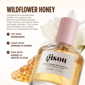 Gisou Wildflower Honey Infused Hair Perfume 50ml with fragrance notes card showing mandarin, spring flower, honey and white clove