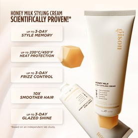 Gisou Honey Milk Styling Cream tube with promotional claims including 3-day style memory, heat protection to 230&deg;C, and frizz control.