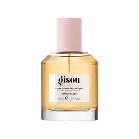 Gisou Honey Infused Vanilla Glaze Hair Perfume, 50ml glass bottle with pink cap and amber-toned fragrance oil