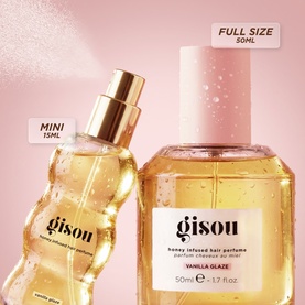 Gisou Honey Infused Vanilla Glaze Hair Perfume in mini 15ml and full size 50ml bottles, golden liquid, pink caps