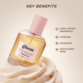 Gisou Honey Infused Vanilla Glaze Hair Perfume in clear glass bottle with pink cap, displayed with key benefits text on cream background.