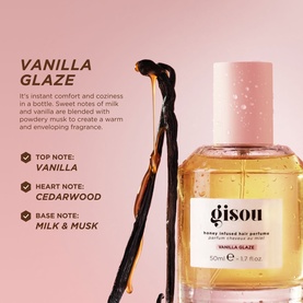 Gisou Honey Infused Vanilla Glaze Hair Perfume bottle with vanilla and cedarwood fragrance notes card and vanilla pods styled alongside.