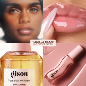 Gisou Honey Infused Vanilla Glaze Hair Perfume set with lip oil, shown with golden formula close-up and glossy lip swatch