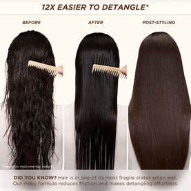 Gisou Honey Milk Active Repair Leave-In Conditioner: before, after, and post-styling comparison showing detangling results on dark hair
