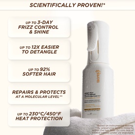 Gisou Honey Milk Active Repair Leave-In Conditioner Mini with key benefits: 3-day frizz control, 12x easier detangle, 92% softer hair, heat