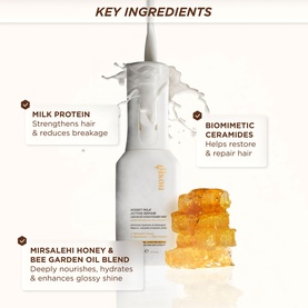 Gisou Honey Milk Active Repair Leave-In Conditioner Mini key ingredients: milk protein, biomimetic ceramides, and Mirsalehi honey & bee garden oil