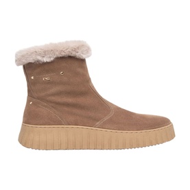 Brown suede ankle boot with shearling fur cuff trim, gold eyelet detail, and chunky camel-tone crepe platform sole