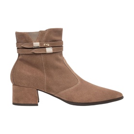 Brown suede ankle boot with block heel, double strap detail with gold-tone hardware and pointed toe