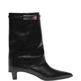 Black leather mid-calf boot with silver buckle strap detail, pointed toe, and low block heel