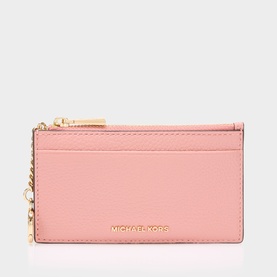 MMK Primrose leather cardholder with zip top, gold-tone hardware and logo lettering, card slots on reverse