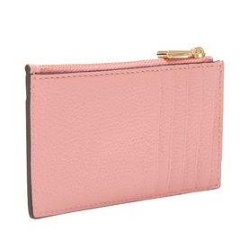 MMK Primrose leather cardholder in pink, gold-tone zip, slim card slot design, back view.
