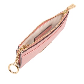 MMK Primrose leather cardholder open showing interior card slots, gold-tone zip and key ring attachment