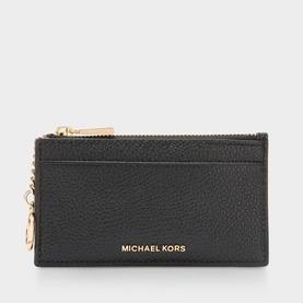 MMK Jet Set Logo Zip Cardholder in black pebbled leather with gold-toned logo lettering, zip fastening, and key ring charm.