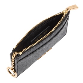 MMK Jet Set Logo Zip Cardholder in black leather, open showing card slots, gold-toned zip and hardware, key ring attachment.