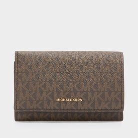 MMK Jet Set Large Logo Wallet in Brown/Acorn with gold-toned hardware, flap closure, and signature MK monogram print.