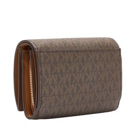 MMK Jet Set Large Logo Wallet in Brown/Acorn, all-over logo print, gold-toned hardware, flap and snap closure, tan interior visible