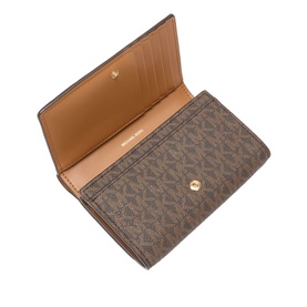 MMK Jet Set Large Logo Wallet in Brown/Acorn, open showing tan interior, gold snap closure, logo print exterior