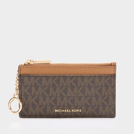 MMK Cardholder in Brown/Acorn, MK monogram print with gold-tone zip and keyring detail, tan leather trim