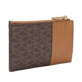 MMK Cardholder in Brown/Acorn, monogram print front, tan leather card slots, gold-tone zip top closure